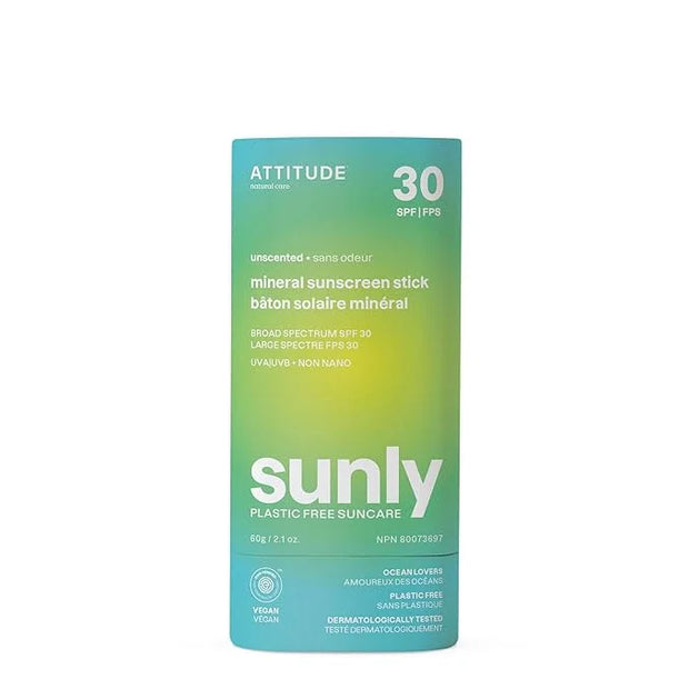 ATTITUDE Mineral Sunscreen Stick with Zinc Oxide, SPF 30, EWG Verified, Plastic-Free, Broad Spectrum UVA/UVB Protection, D...