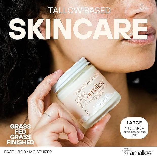 100% Grass Fed Beef Tallow for Skin Care - Face + Body - Whipped Moisturizer for Sensitive Skin - Natural Lotion, 4 FL. oz...