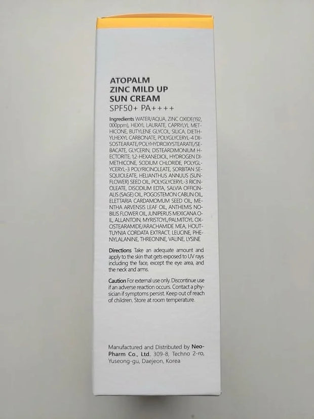 ATOPALM Zinc Mild Up Sun Cream SPF50+ PA++++ 65g, Dry Skin Moisturizing MLE Sun Protection, Korean Mineral Sunscreen