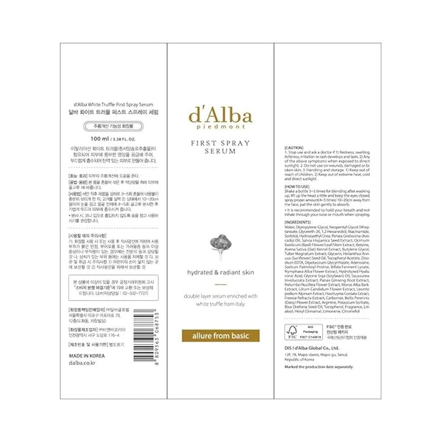 d'alba Piedmont Italian White Truffle First Spray Serum, Vegan Skin Care, Light-weight Face Moisturizer, Glow Serum for Ra...