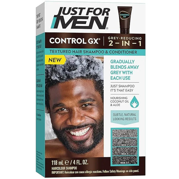 Just for Men Control GX Grey Reducing Shampoo for Textured Hair, Gradual Hair Color for Men with Keratin, 4 Fl Oz - Pack o...