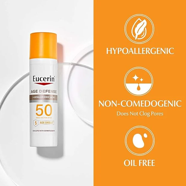 Eucerin Sun Sunscreen Pack with Hyaluronic Acid, Advanced Hydration SPF 50 Sunscreen Lotion, 5 Fl Oz Tube + Age Defense Fa...