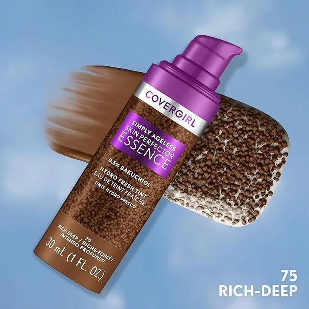 Covergirl Simply Ageless Skin Perfector Essence Foundation, 75 Rich-Deep, Tinted Skincare Makeup Hybrid, Sheer Tint, Radia...