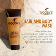 Woody's Hair and Body Wash for Men – 2-in-1 Cleanser & Body Wash, Deep Cleansing, Hydrating, Refreshing Scent, Sulfate-Fre...