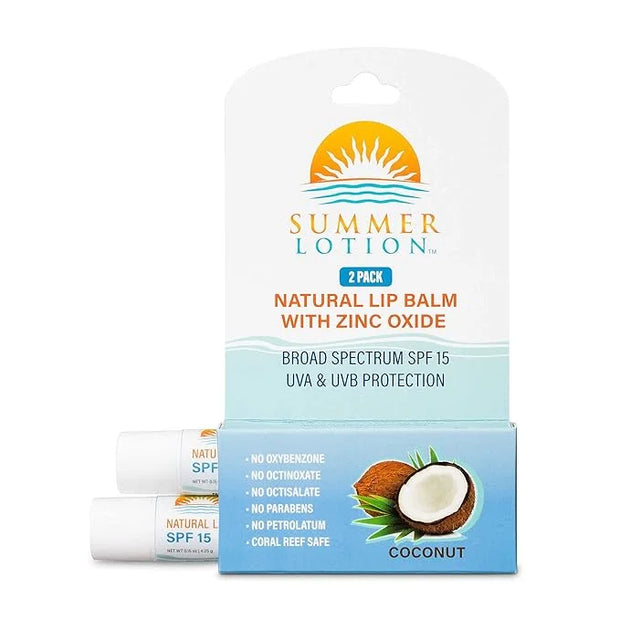 Natural Lip Balm with Zinc Oxide Sunblock by Summer Lotion, SPF 15 Lip Sunscreen 2-Pack, Water Resistant Chapstick, SPF Li...