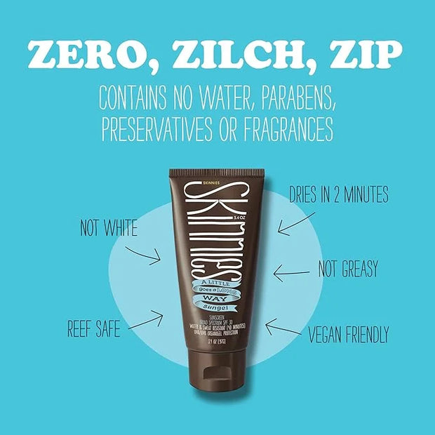 Skinnies Sungel New Formula SPF30 Eco Sunscreen, 3.4oz UVA UVB, Not Diluted With Water, Reef Safe, Vegan, Use Pea Size Blob