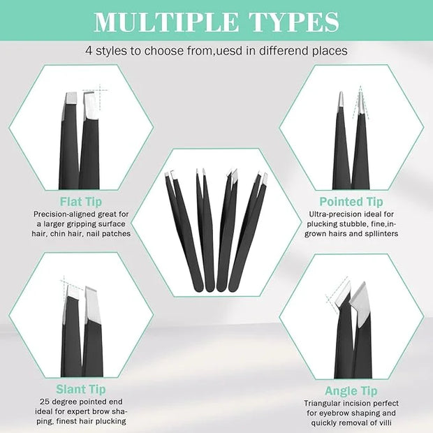 Tweezers Set, Hyxhappy 9 pcs Professional Stainless Steel Tweezers Kit for Facial Hair, Great Precision Eyebrow Plucke Twe...