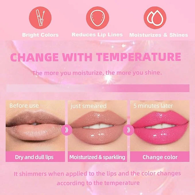 2PCS Magic Color Changing Lip Oil - Big Brush, Long Lasting Shimmery, Warm Change Hydrating Lip Gloss - Product Image
