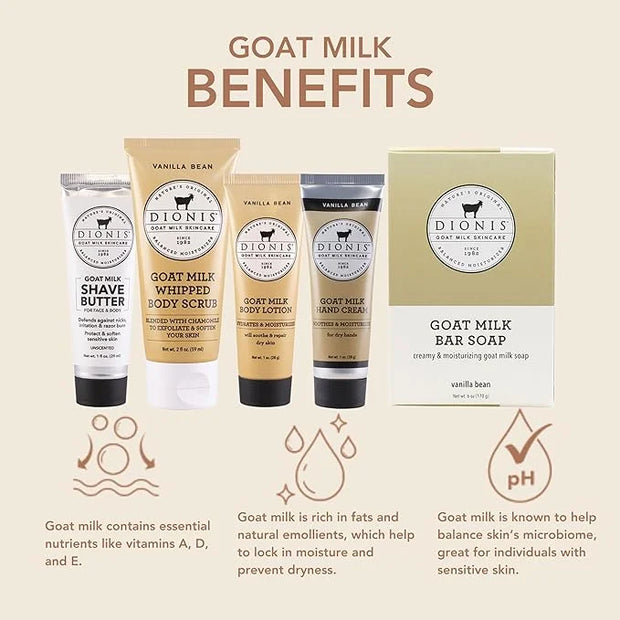Dionis Goat Milk Skincare Vanilla Bean 6 Piece Self Care Essentials Travel Set - Bar Soap, Shave Butter, Hand Cream, Body ...