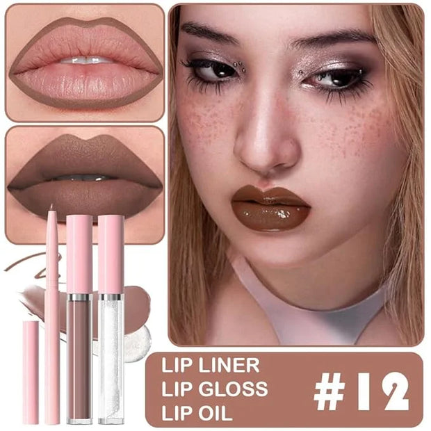 3-in-1Deep Purple Brown Matte Lip Stain Kit | Waterproof Lip Liner + Hydrating Matte Lip Gloss + Nourishing Lip Oil | Long...