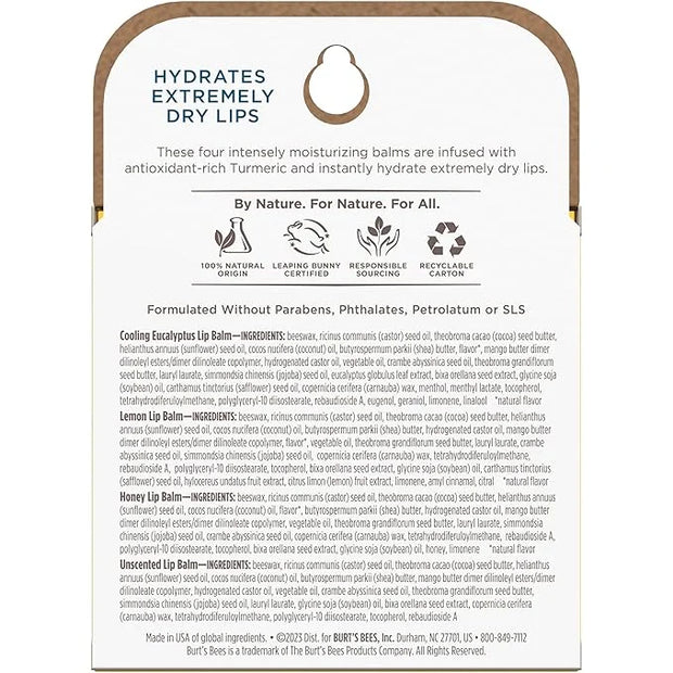 Burt's Bees 100% Natural Origin Rescue Lip Balm, Cooling Eucalyptus, Lemon, Honey, Unscented, 4 Tubes, Pack May Vary - Pro...