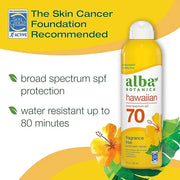 Alba Botanica Sunscreen Spray for Face and Body, Broad Spectrum SPF 70 Sunscreen, Hawaiian Coconut, Water Resistant and Bi...