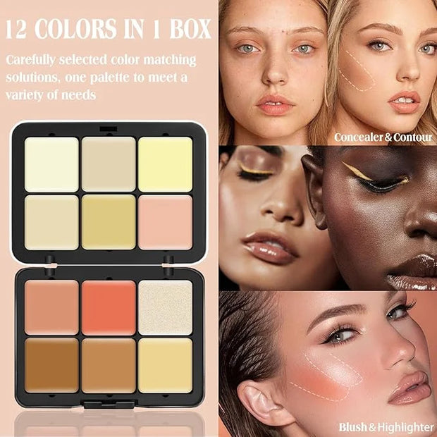12 Colors Cream [Blush Contour Concealer Highlighter] Makeup Palette for Cheeks - All in One Makeup Palette Kit with Brush...