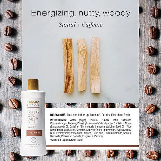 RAW SUGAR Simply Body Wash - Santal + Caffeine (25 Fl Oz, Pack of 1) Moisturizing & Soothing Bath & Shower Gel, Formulated...