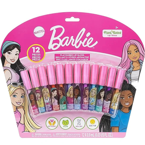 Barbie 12 Piece Plant Based Lip Gloss, Girls Party Favors, First Makeup Set for Girl, Perfect for Parties, Sleepovers, and...