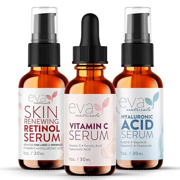 Eva Naturals Anti-Aging Serum Bundle - Vitamin C, Hyaluronic Acid, and Retinol | Face Serum Set for Skin Brightening, Hydr...
