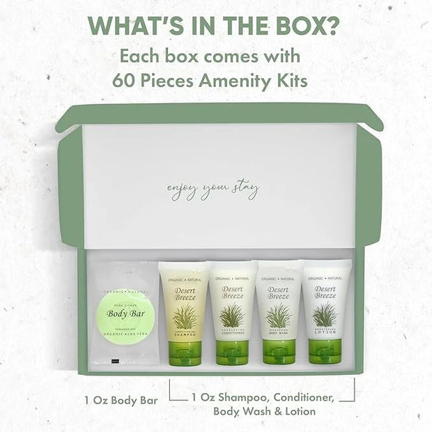Desert Breeze Amenity Kit | Boxed Hotel Toiletries Bulk Set | 1 oz Shampoo, Conditioner, Lotion, Body Wash & Body Bar Soap...
