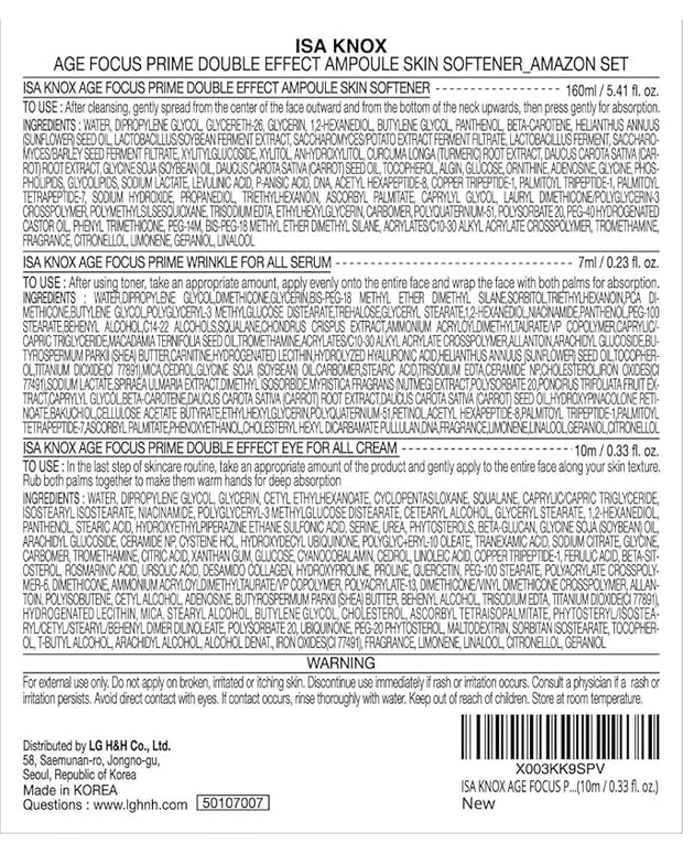 ISA KNOX AGE FOCUS PRIME Double Effect Ampoule Toner, PRIME Wrinkle For All Serum & PRIME Eye For All Cream (177 ml/5.99 f...