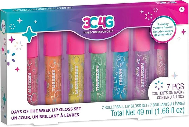 3C4G Days of the Week Lip Gloss Set for Girls - 7 Pack Kids Lip Gloss Kit for Girls, Tweens & Teens - Clear Flavored Lip G...