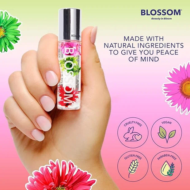 Blossom Roll on Lip Gloss, Scented Clear High Shine Moisturizing Lip Oil, Non Sticky, Infused with Real Flowers, Made in U...