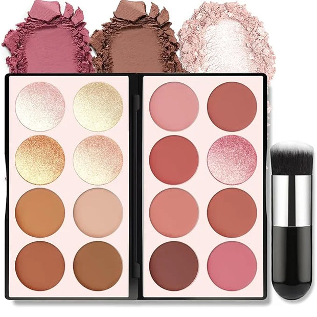 16 Colors Blush Contour Highlighter Makeup Palette, All-in-One Shimmer Silky Matte Mineral Blush Powder Face Sculpting Bro...