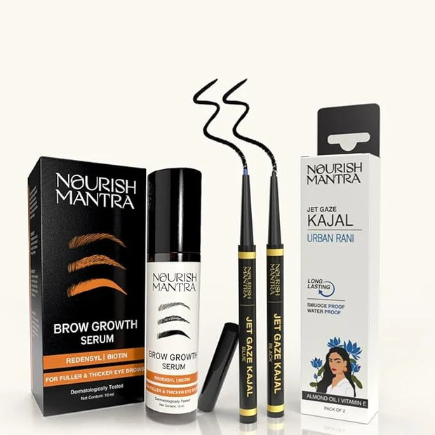 Nourish Mantra Eyebrow Growth Serum 10 ml & Jet Gaze Kajal Urban Rani - Combo - Black & Black - Product Image