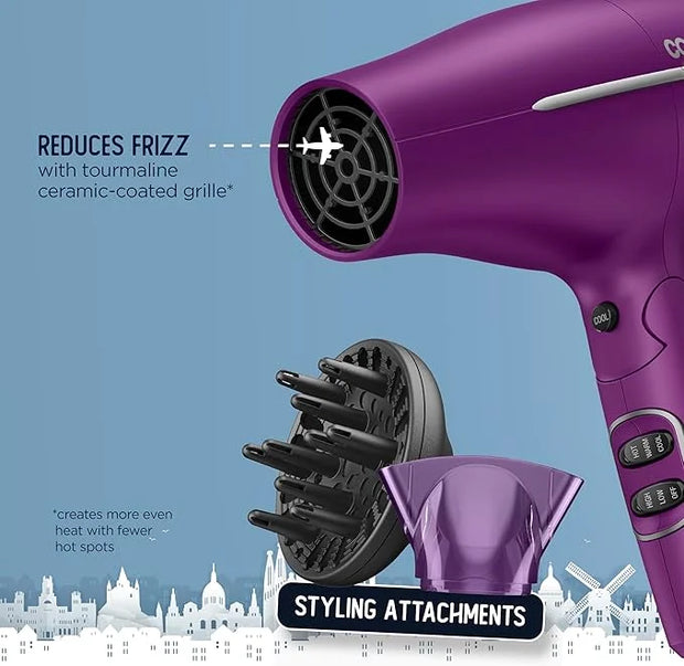 Conair Hair Dryer, Worldwide Travel Hair Dryer with Smart Voltage Technology and Folding Handle, Includes Diffuser and Con...
