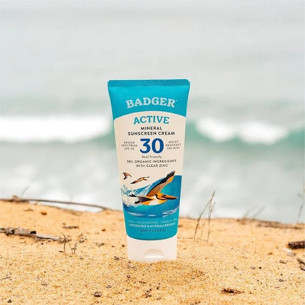 Badger Mineral Sunscreen Cream SPF 30, Zinc Oxide Sun Care, 98% Organic, Reef Safe, Water Resistant, Unscented Face and Bo...