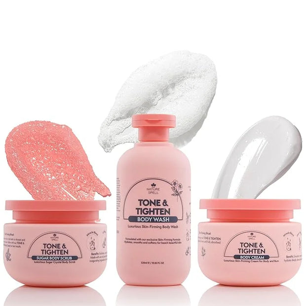 Nature Spell Tone & Tighten Skin Firming Gift Set – Body Wash, Sugar Body Scrub, & Body Cream - Skin-Firming Trio Infused ...