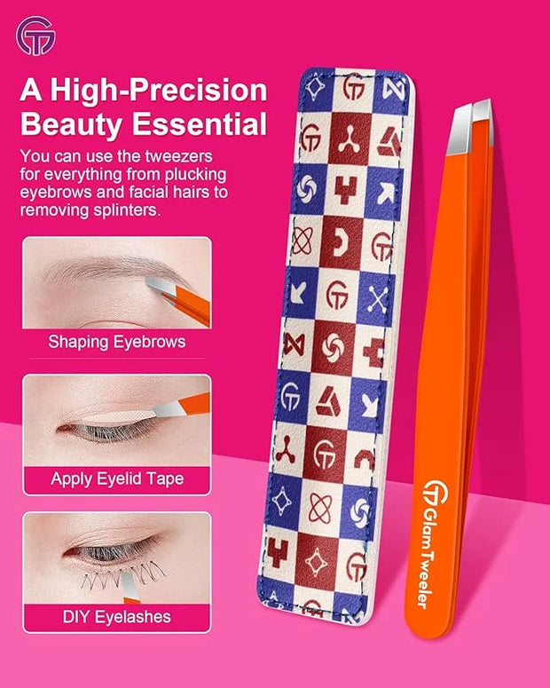 Expert Eyebrow Hair Removal Tweezer with Leather Case, GlamTweeler High Precision Slant Tip Stainless Steel Tweezers for M...