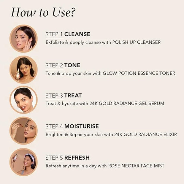 Quick Glow Kit, Hydrating Essence Toner, Exfoliating Face Cleanser, 24K Gold Face Elixir, Face Gel Serum, Face & Body Tone...