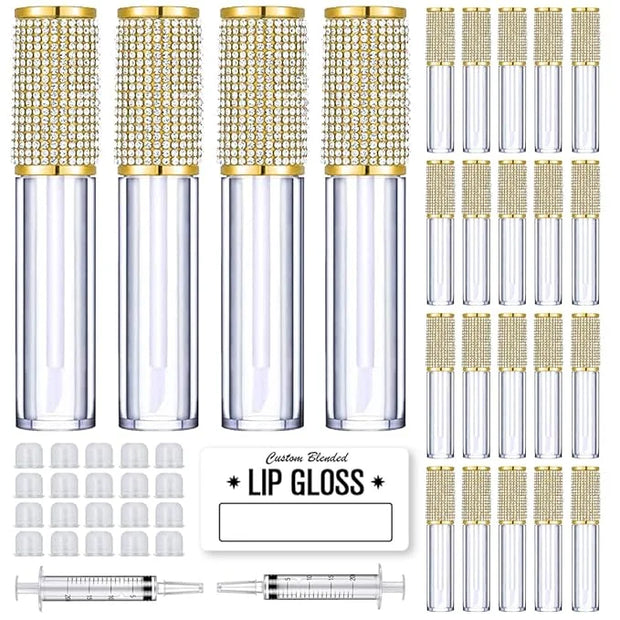 AMORIX 24 Pack Gold Crystal Lip Gloss Tubes with Wand 5ml Empty Lip Gloss Containers Lipgloss Bottles with Stoppers 2pcs S...
