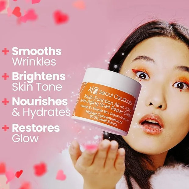 SeoulCeuticals Korean Skin Care 97.5% Snail Mucin Moisturizer Cream - K Beauty Skincare Day & Night Snail Repair Cream Fil...
