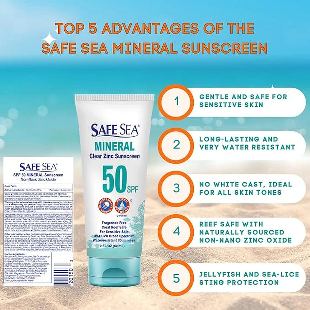 Safe Sea Zinc Oxide Sunscreen SPF50 | Clear Mineral Face Sunscreen Without White Cast | Anti-Jellyfish Sting Protective Lo...
