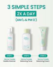 Derma Trouble 3-Step Acne Kit - Korean Skin Care Routine for Clogged Pores & Sensitive Skin, Gentle pH-Balanced Cleanser, ...