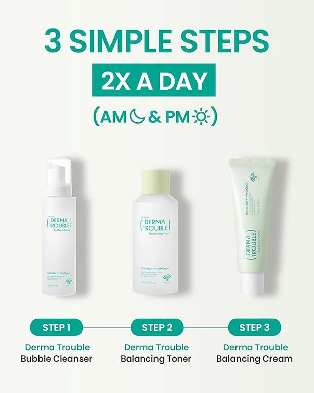 Derma Trouble 3-Step Acne Kit - Korean Skin Care Routine for Clogged Pores & Sensitive Skin, Gentle pH-Balanced Cleanser, ...