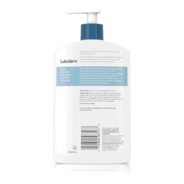 Lubriderm Daily Moisture Body Lotion for Sensitive, Dry Skin, Enriched with Vitamin B5, Dye and Lanolin Free, Unscented an...