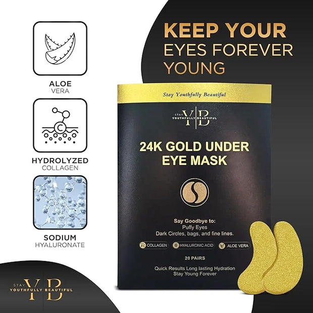 24k Gold Under Eye Patches (20 Pairs), facial wrinkle patches, Hyaluronic Acid, Aloe Vera, Collagen Skin Care anti wrinkle...
