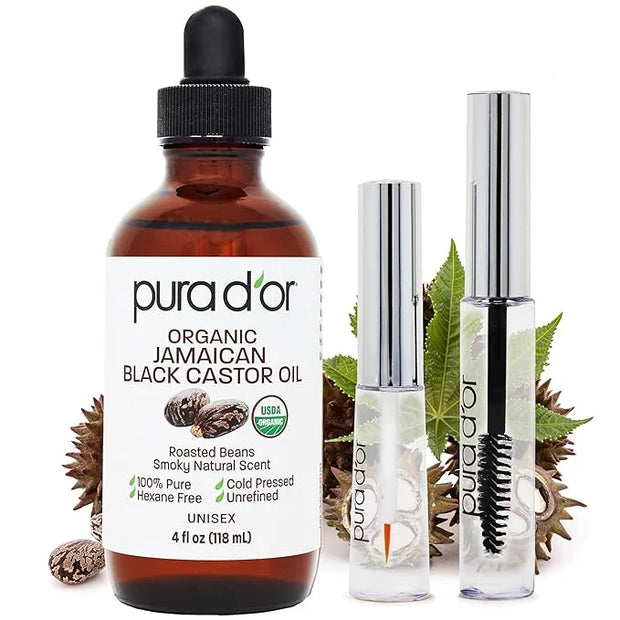 PURA D'OR 4 Oz ORGANIC Jamaican Black Castor Oil - Natural Smoky Scent - w/ 2 BONUS Empty Brushes - 100% Pure USDA Certifi...