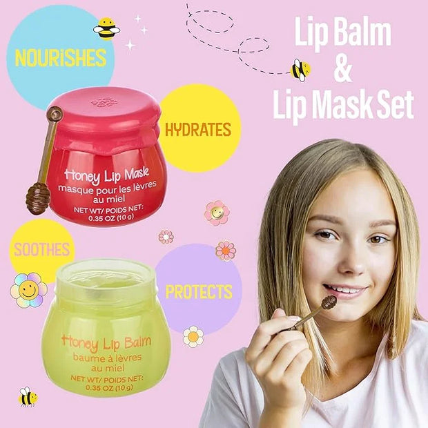2pc Honey Lip Balm & Lip Mask Set -Simply Sweet Real Honey Jar w/Dipper Applicator Sticks | Safe and Non-Toxic Lip Gloss G...