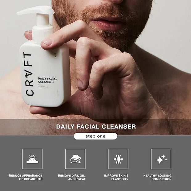 CRVFT Men’s Facial Care Kit | Aloe Vera Face Wash 3oz | Hyaluronic Moisturizer 1oz | Charcoal Exfoliating Scrub 1.7oz | 3 ...