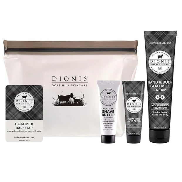 Dionis Goat Milk Skincare 4 Piece Goat Milk Travel Set for Men - Hydrating Bar Soap, Shave Butter, Hand & Body Cream - Ced...