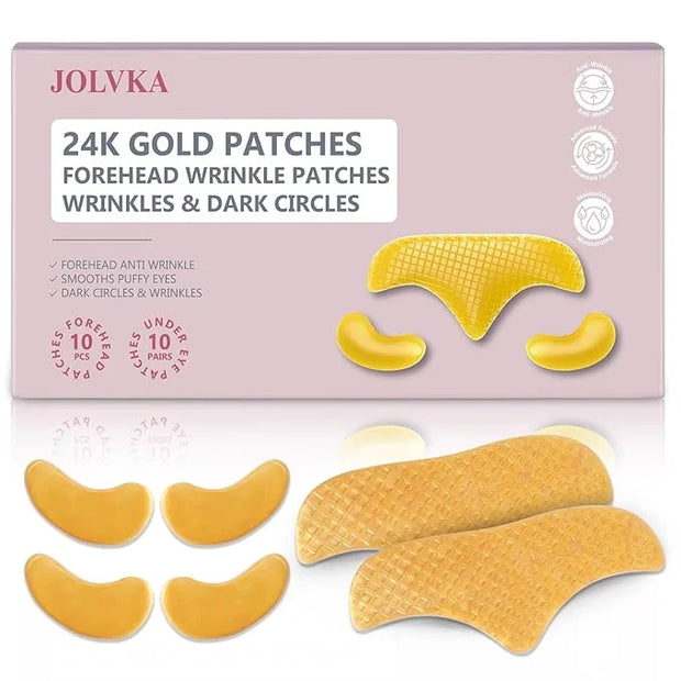 10PCS 24K Gold Forehead Anti Wrinkle Patches & 10Pair 24K Gold Eye Masks, Anti Wrinkle Patches with Collagen, Forehead Wri...
