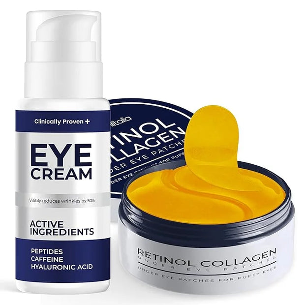 Under Eye Care Bundle: Eye Cream for Dark Circles, Puffiness & Bags with Retinol, Hyaluronic Acid & Caffeine + 30 Pairs Un...
