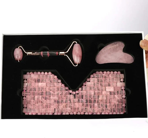 ideayard Rose Quartz Eye Mask & Face Roller and Gua Sha 3-in-1, Real Natural AAA Rose Quartz for Skin Care SPA Facial - Pr...