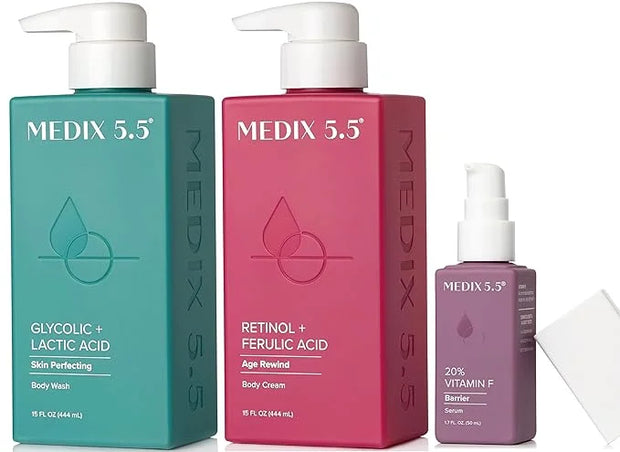 Medix 5.5 Anti Aging Skin Care 3PC Set, Retinol Body Cream + Exfoliating AHA Glycolic Acid Foaming Face & Body Wash + Vita...