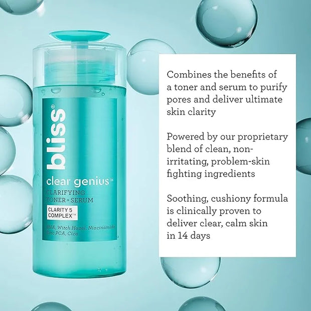 Bliss Clear Genius Clarifying Toner + Serum - 4.3 Fl Oz - Purifies Pores, Tones, Calms & Clears Skin - Salicylic Acid, Nia...