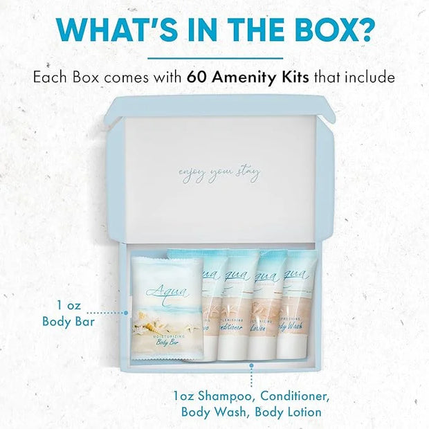 Aqua Organics Amenity Kit | Boxed Hotel Toiletries Bulk Set | 1 oz Shampoo, Conditioner, Lotion, Body Wash & Bar Soap | 30...