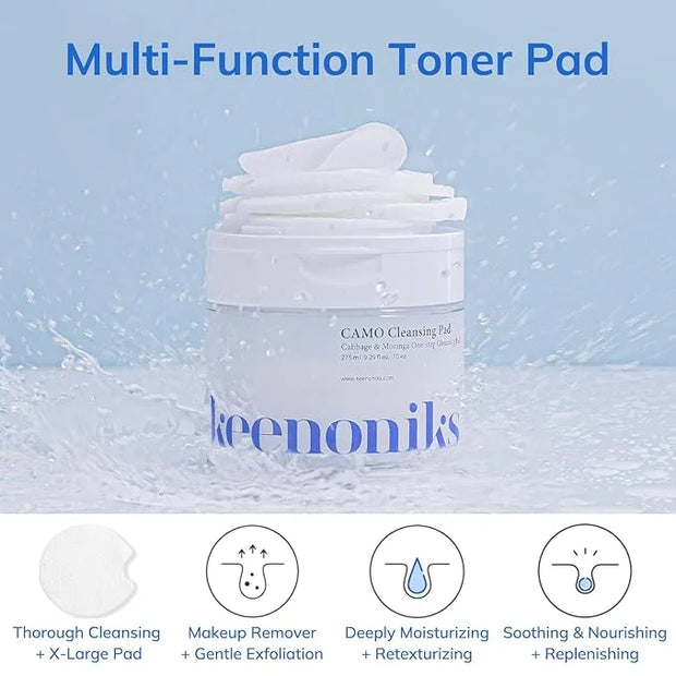 Dual Texture Cleansing Pads with Facial Essence 70ea Large Value Pack- Cabbage & Moringa Wipes for Quick Cleansing, Makeup...
