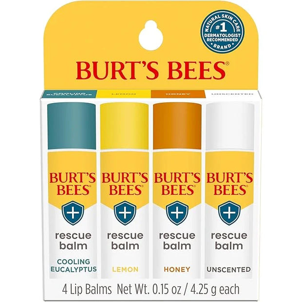 Burt's Bees 100% Natural Origin Rescue Lip Balm, Cooling Eucalyptus, Lemon, Honey, Unscented, 4 Tubes, Pack May Vary - Pro...